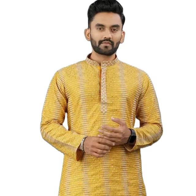 Haldi Special Yellow Color Traditional Look Cheap Price IMPORTAN  FABRIC Thread& Embroidery Work Men's Kurta& Plain White Pent