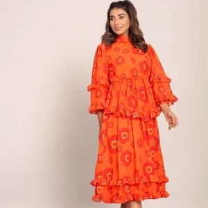 High Elegant Sexy Women Casual Orange & Red Floral Midi Dress Fitted One Piece Stylish Summer Spring Comfortable Office Wear