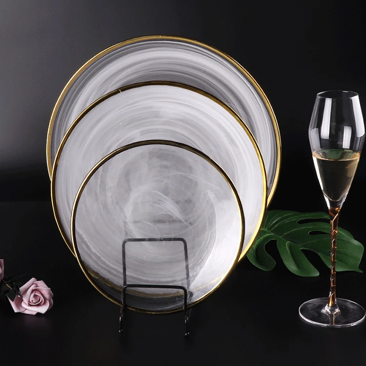 New Arrival Dinnerware Wedding Banquet Glass Decoration Plates Smokey Clear Gold Rimmed Charger Plates