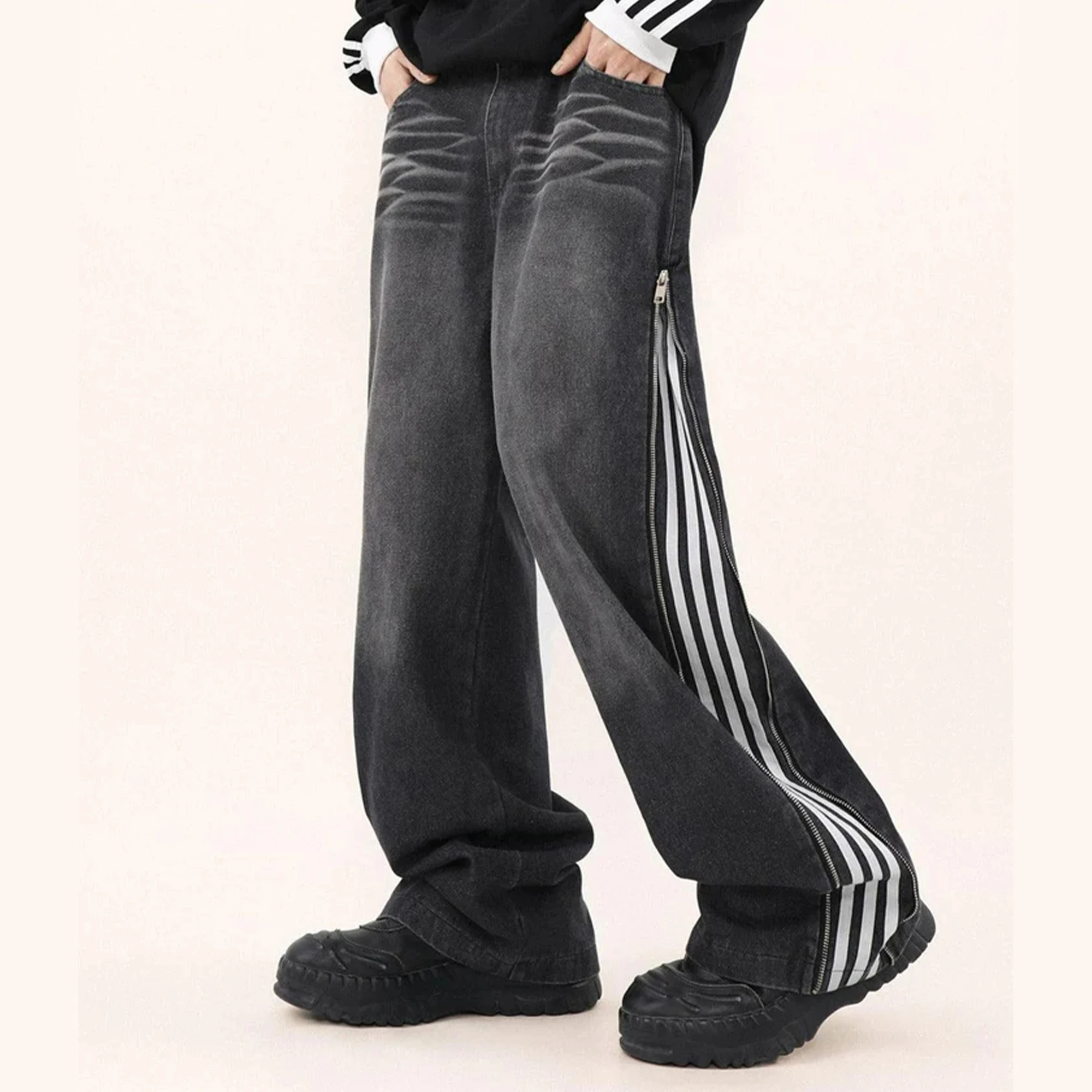 Custom Streetwear Stripe Straight Baggy Jeans for Men