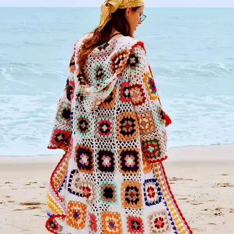 Spring Retro Knitted Crochet Hooded Cardigan Beach Long Coat Hollow Women's Knitted Sweater Cardigan