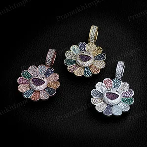 Best Selling Sunflower Shape 925 Silver Pendant Multi Color Moissanite Smiley Face Gold Plated Pendant Iced Out Hip Hop Jewelry