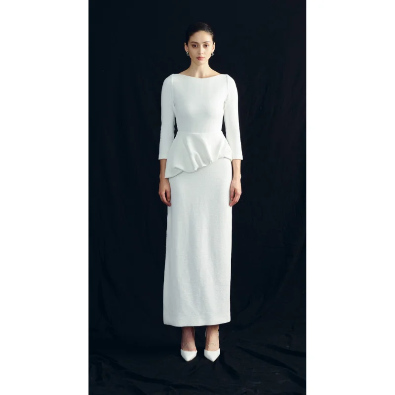 Unique Design ELFEDA PEPLUM DRESS Women's Dresses Boat Neck Long Sleeve Cotton Blend Jersey Fabric Custom Labels WHITEANT