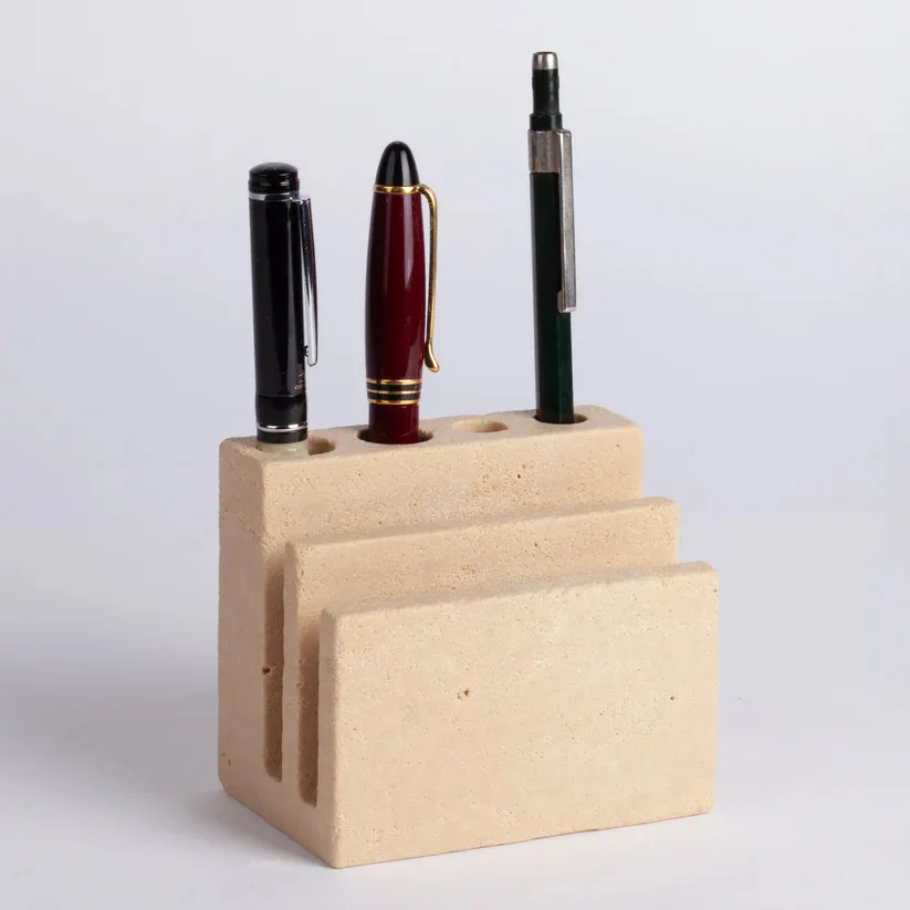 Elegant Travertine Stone Desktop Organizer with Pen Holder and Tissue Rack for Office or Home Use