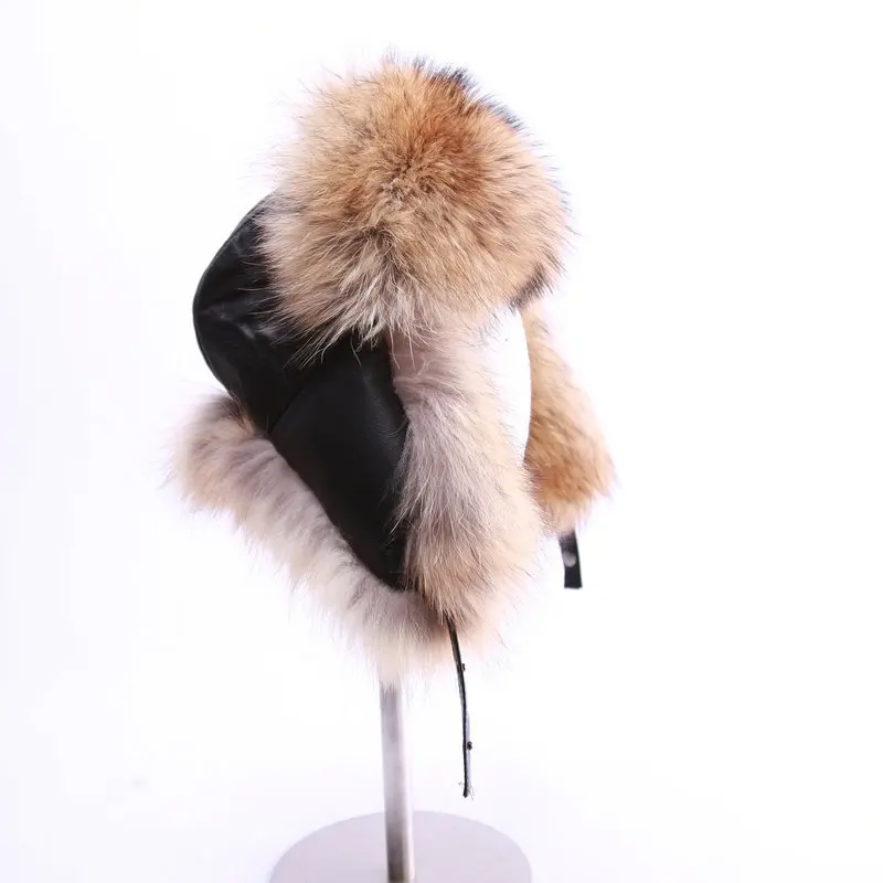 Men's Russian Trapper Ushanka Hat Winter with Raccoon Fur Trim Solid Pattern Windproof 100% Wool