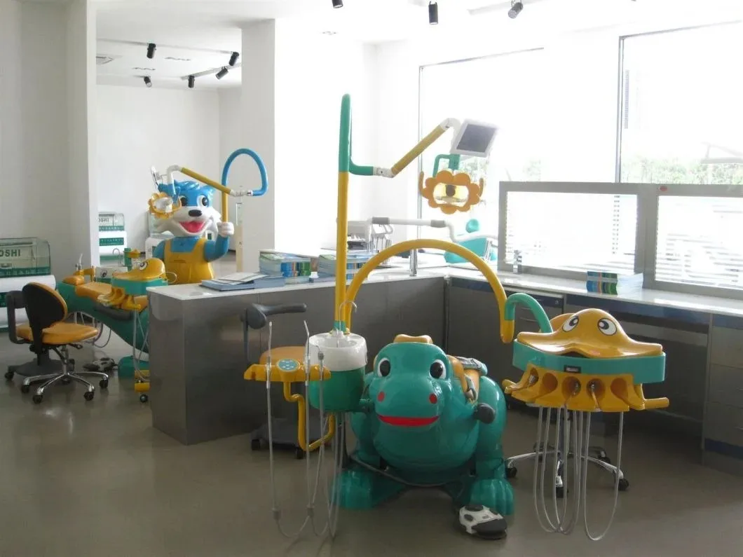 Colorful pediatric dental office with animal-themed children dental chairs and child-friendly clinic equipment designed to reduce dental anxiety
