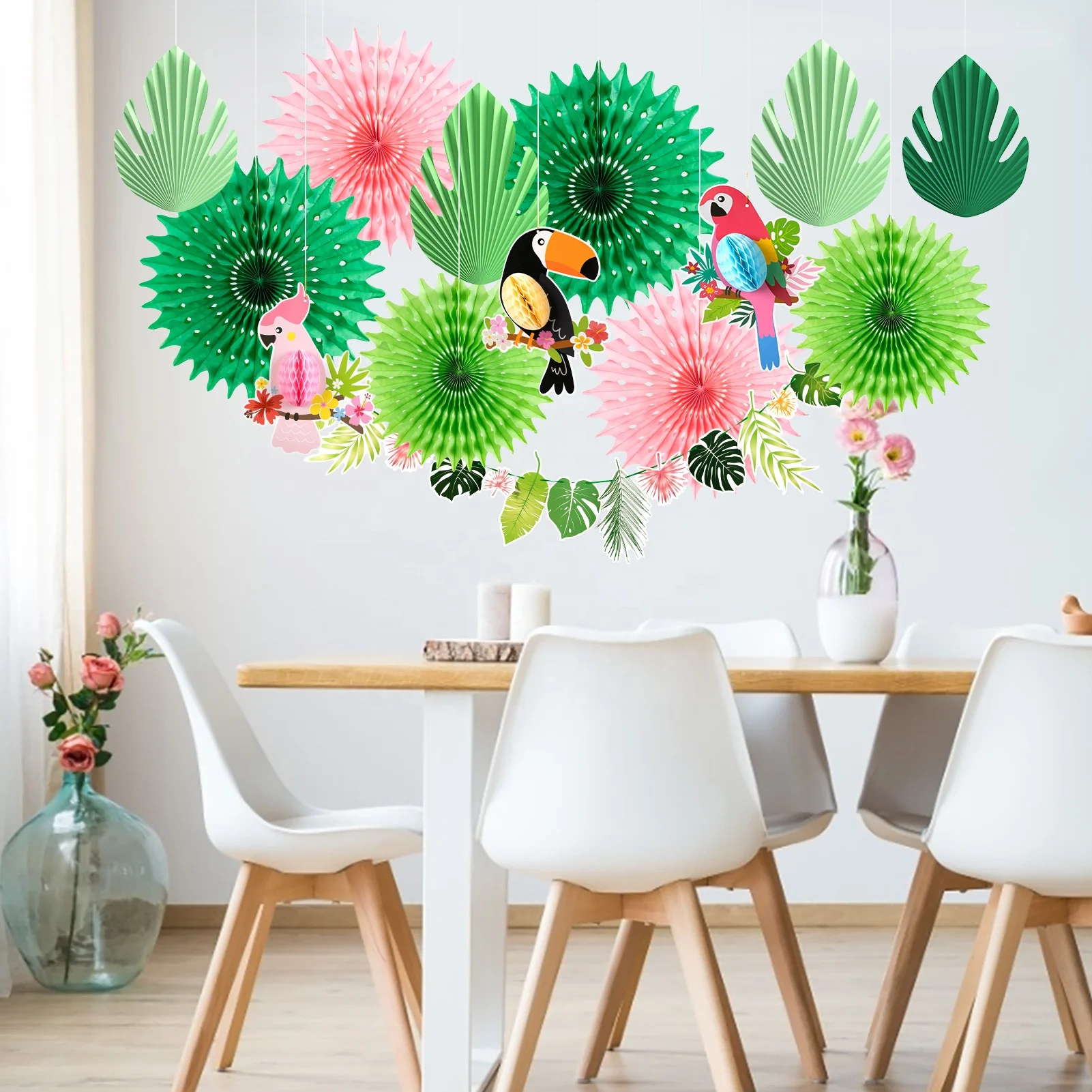 Lot De 6 Décoration Perroquets En Papier Nid D'Abeille - Thème Tropical Hawaiien - Pour Fête, Jungle, Anniversaire