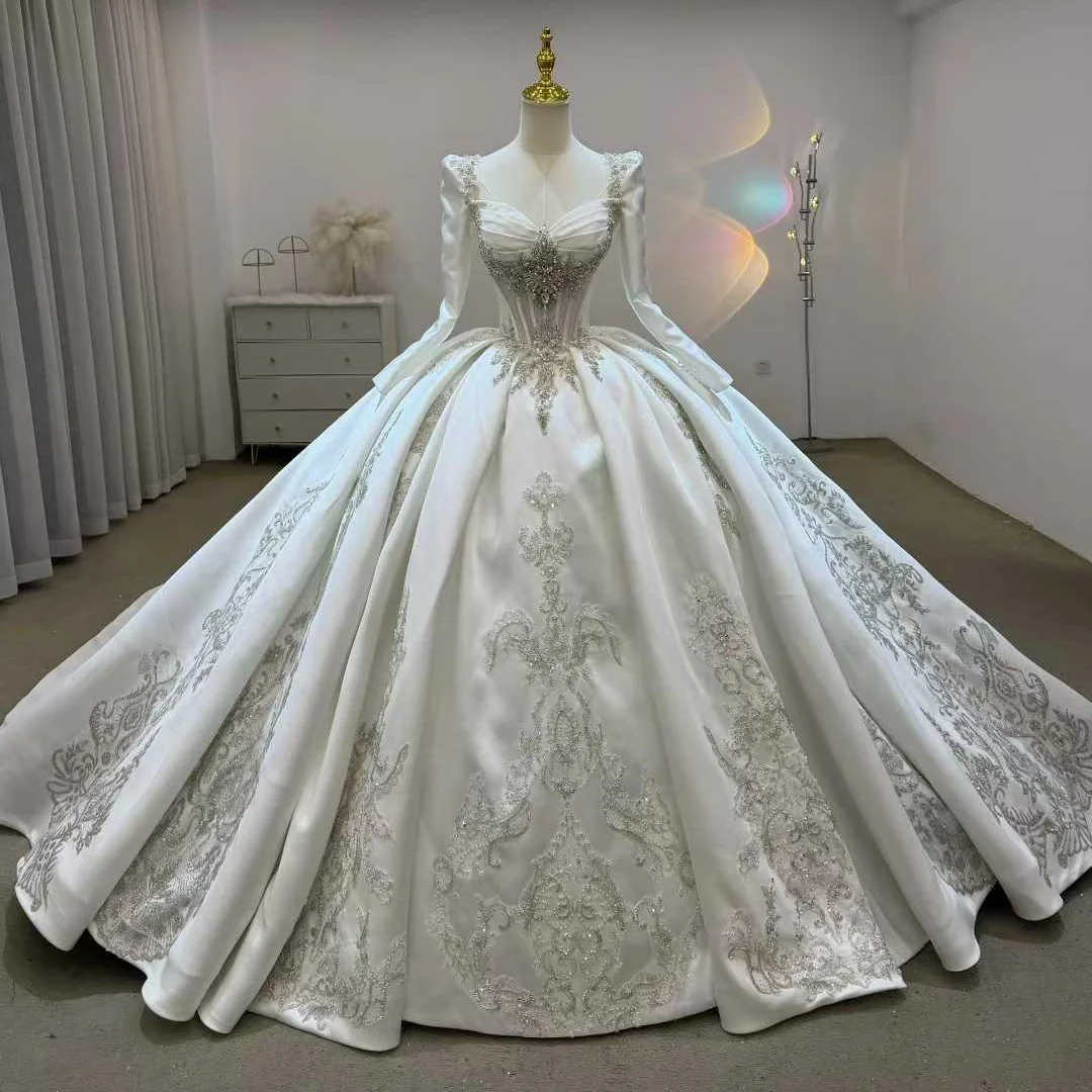 Jancember JJ125 Luxury Satin Wedding Dress Beaded Bridal Gown Long Sleeve Ball Gown Vestido De Novia Royal Cathedral Marriage Jancember JJ125 Luxury Satin Wedding Dress Beaded Bridal Gown Long Sleeve Ball Gown Vestido De Novia Royal Cathedral Marriage