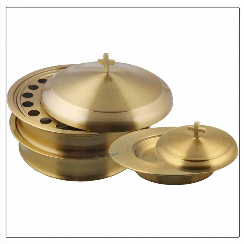 Stainless Steel Holy Communion Tray And Bread Plate Set Brass Gold