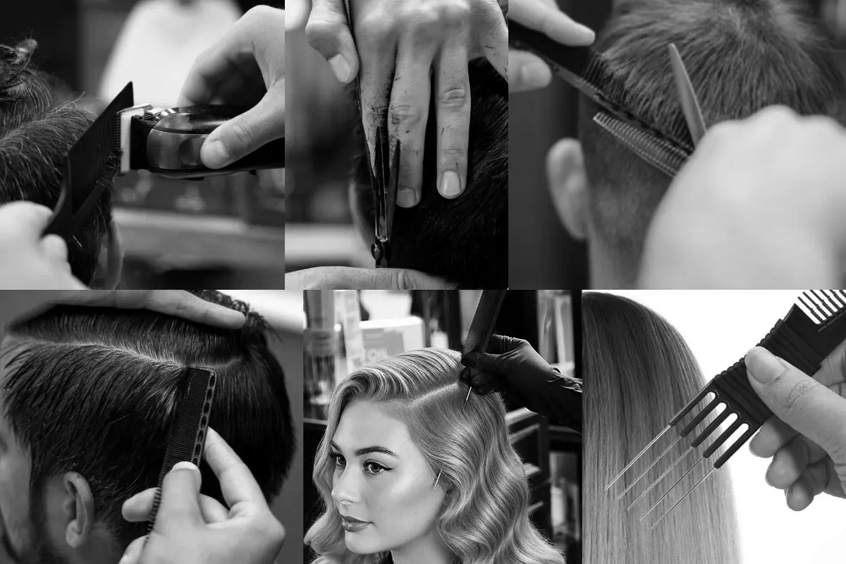 Professional hair stylist using a multi-functional carbon fiber comb with metal pins for salon hair styling and sectioning.
