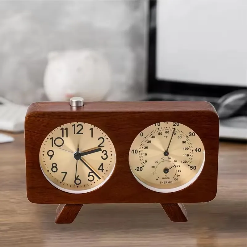 Modern Creative Quartz Clock Wood Simple Time Thermometer Snooze Silent Sweep Movement Retro Desktop Clock