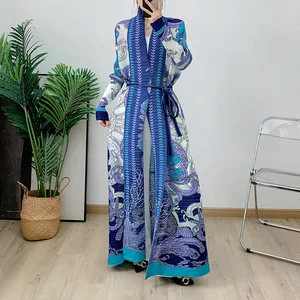 Middle East Arab Abaya Latest Elastic Printed Casual Coat Ladies Elegant Ababy Miyake Pleated Dress Women's Robes