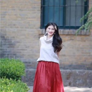 Summer Casual Women's Linen Skirt Plus Size Loose Waist Handmade Custom Oversized Design Button Eco-Friendly Plus Size Loose
