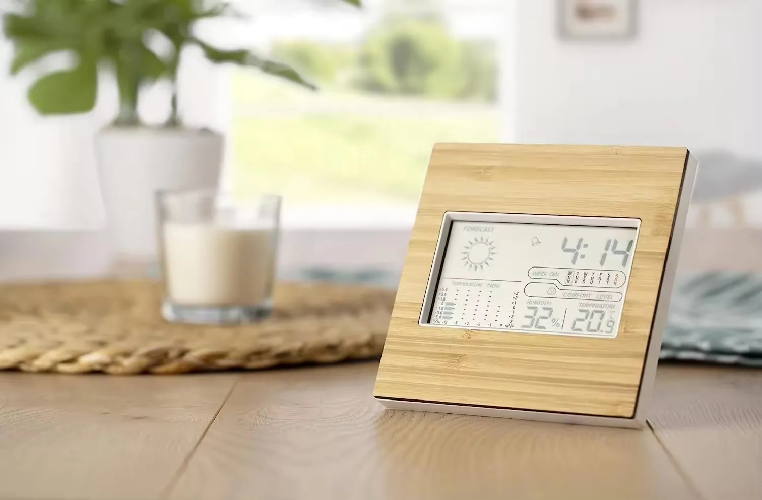 Popular New Natural Bamboo Weather Station Eco-friendly Multi-functional LCD Digital Calendar Alarm Clock