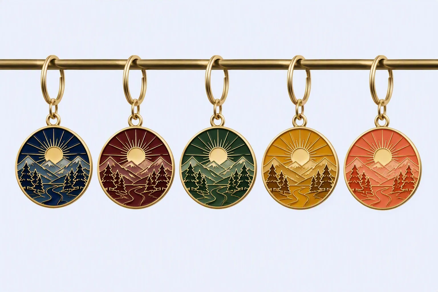 Baked paint keychain collection — five color variants hanging display