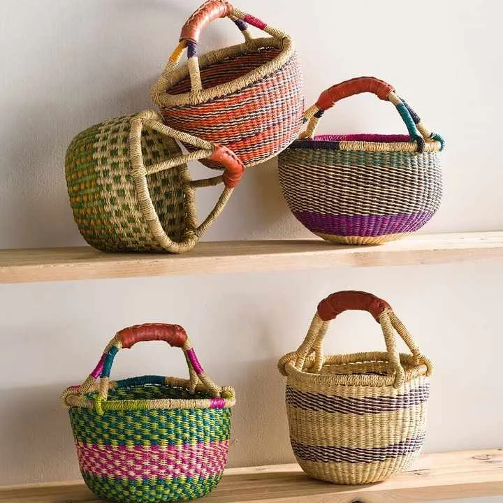 Colorful Seagrass Bolga Basket Woven Handmade Storage Carry Bag Baskets