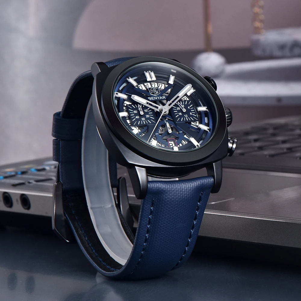 Benyar 5205 New Fashionable 43mm Luminous Dial Men's Quartz Wristwatch Chronograph 50m Waterproof Men's Watch Masculino
