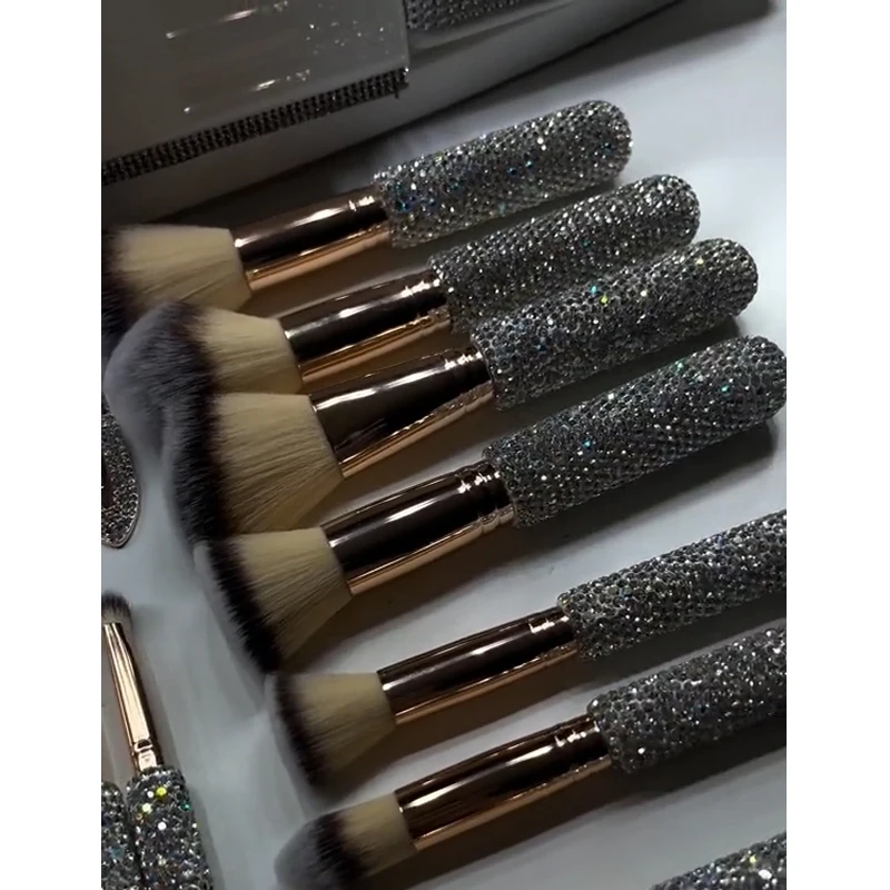 Glitz And Glam Makeup Wholesale White Pink Rhinestone Makeup Brush Set