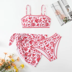 Factory Direct 3 Piece Scoop Neck Bikini Spandex Polyester Print Swimwear for Honeymoon