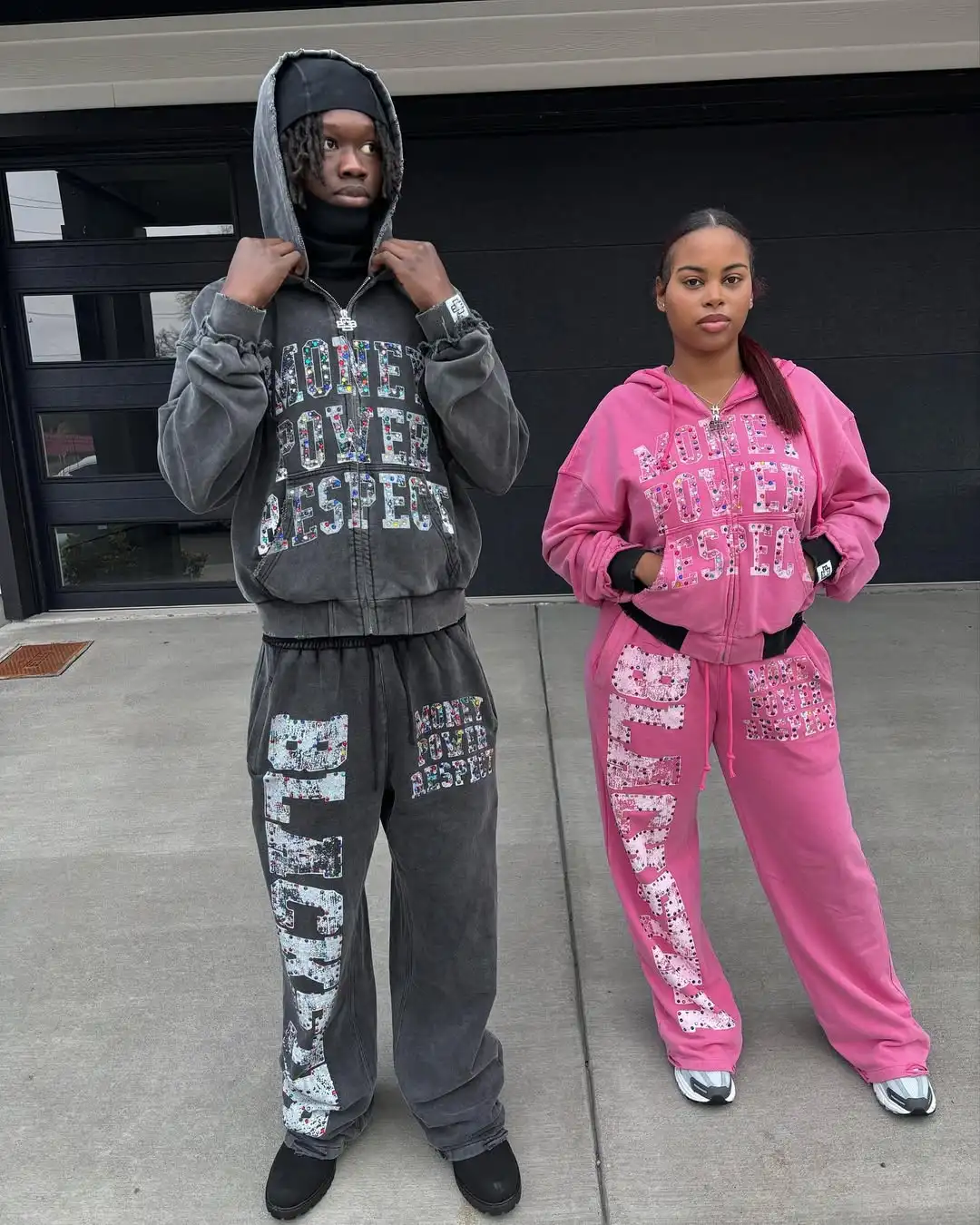 Custom Distressed Embroidery Zip up Hoodie Sweatpants Set