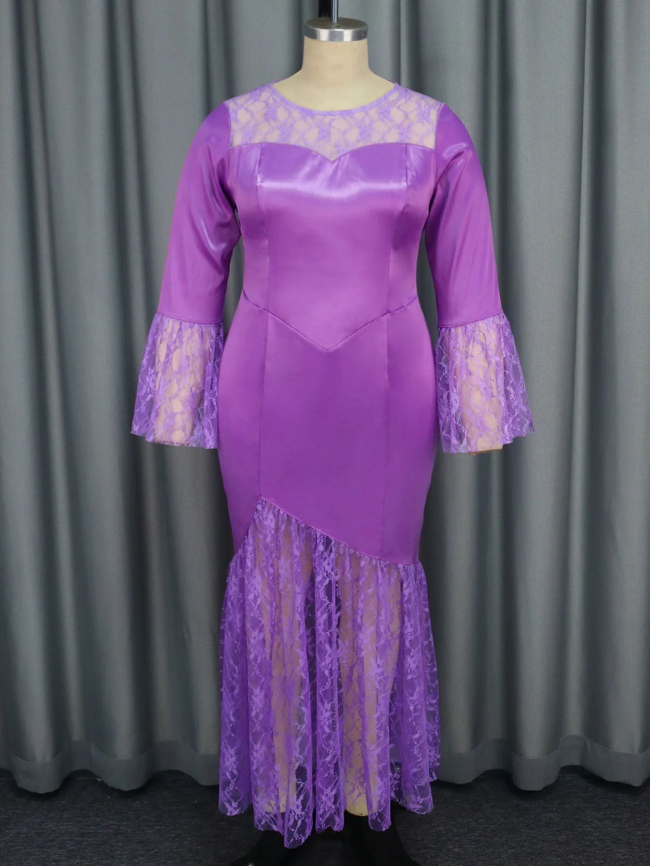 Elegant Asymmetric Fishtail Evening Dress With Lace Patchwork & Flare Sleeves| Min Order 1 ct