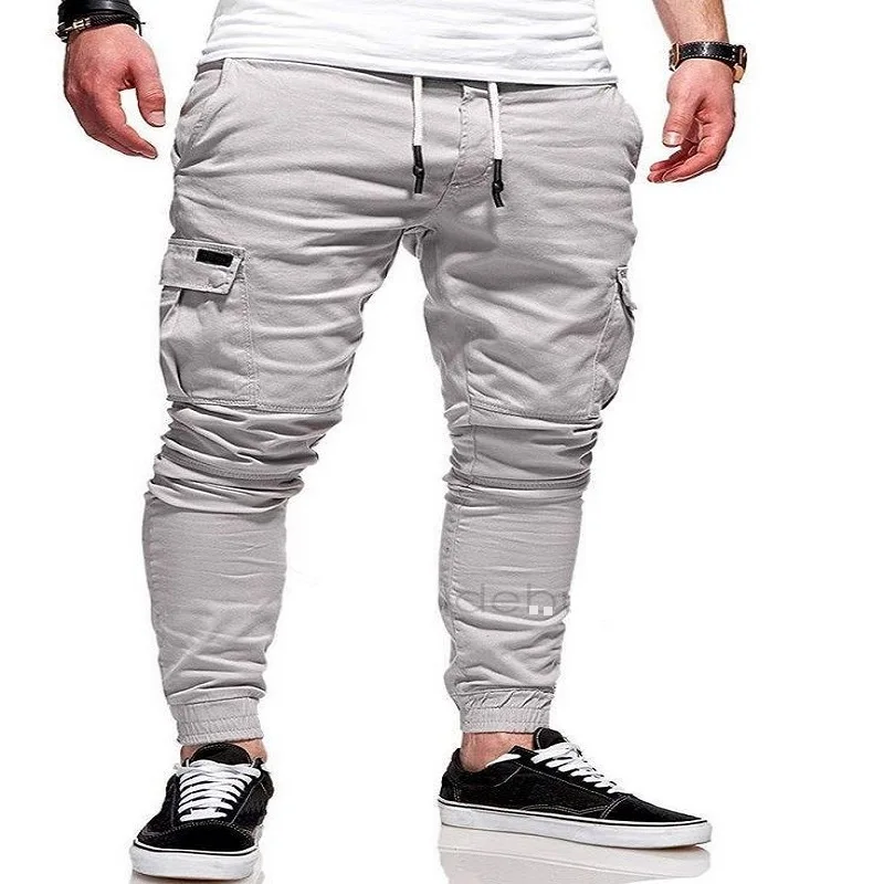 Men's new casual pants Youth fashion trend pure color rope men's sports large size cargo pants