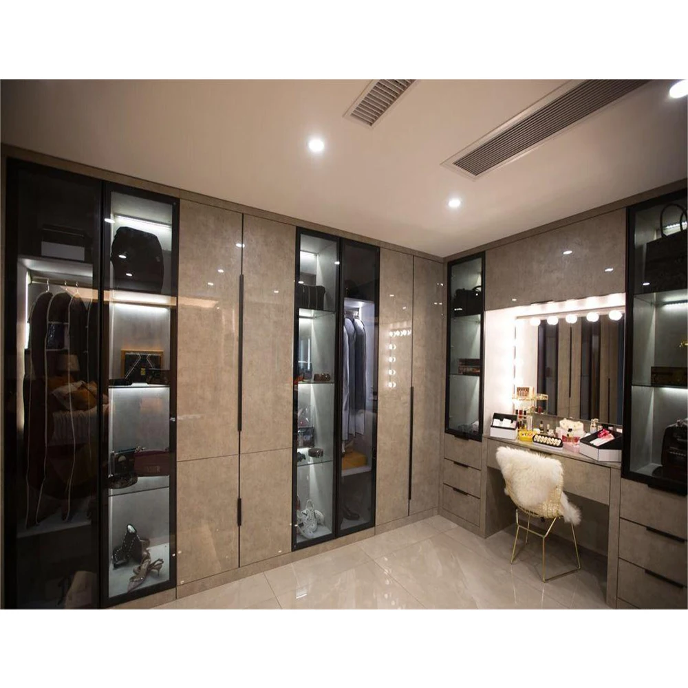 Modern Walk in Closet Glass Door Bedroom Furniture with LED Storage Drawers Glass Wardrobes Luxury Wardrobe Glass Door Wooden