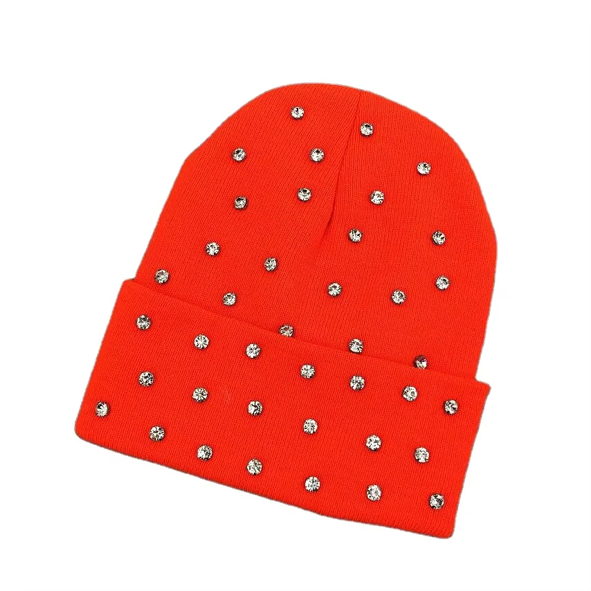 Glory Unisex Thick Knit 3D Embroidery Y2K Style Neon Orange Hot Pink White Rhinestone Waterproof Casual Winter Beanie Sports