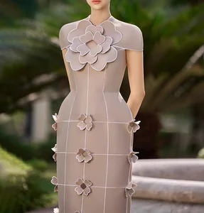 2026 Fall New Arrival Luxury Vintage French Cotton Midi Dress Square Collar Floral Embroidery Applique High Waist Zipper Dresses