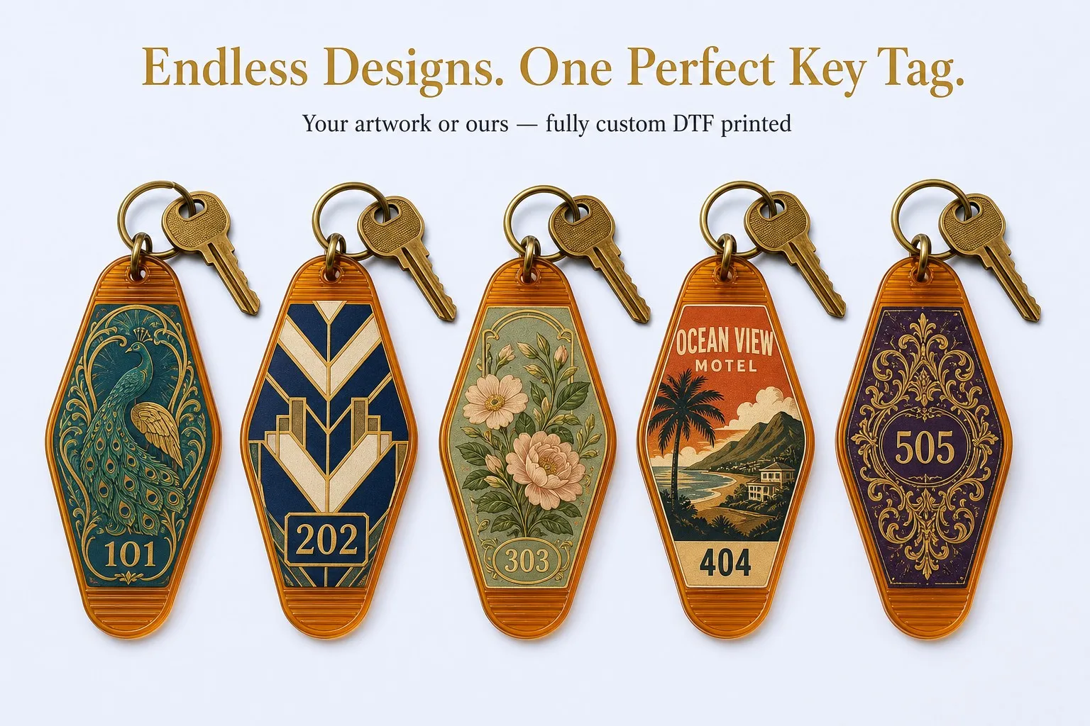 Five DTF-printed retro motel key tag designs — Endless Designs