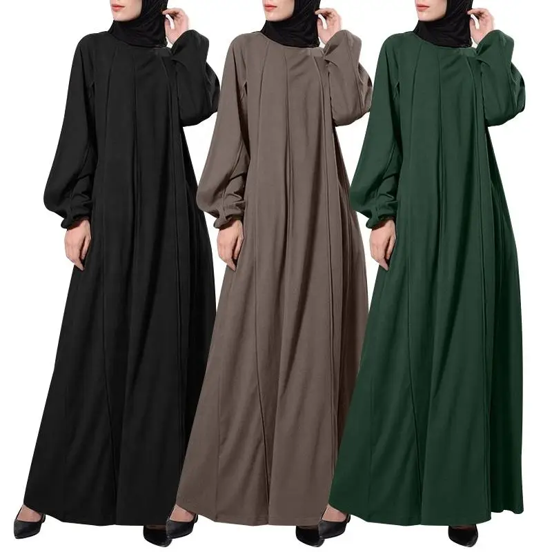 Trumpet Sleeves With Belt Kuwait Abaya Long Maxi Crew Neck Muslim Dress ...