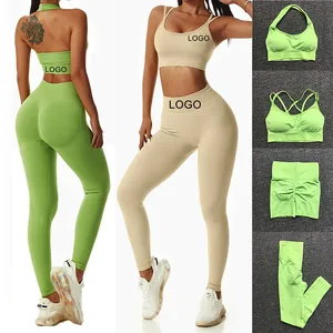 2022 NEW Sportswear Womens Scrunch Butt Leggings Shorts and Bra 4 PCS Gym Fitness Yoga Set
