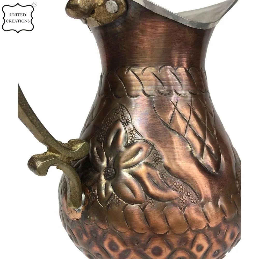 Antique Embossed Handcrafted Copper Water Pitcher for Restaurants Home Antique Copper Pitcher Water Metal Pitcher