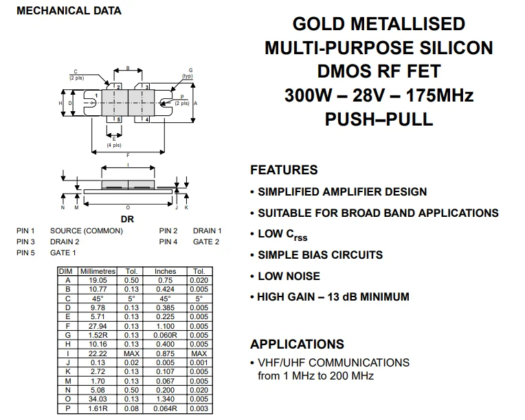 D1028UK RF MOSFET Transistors - 70V 30A 5-Pin Case DR