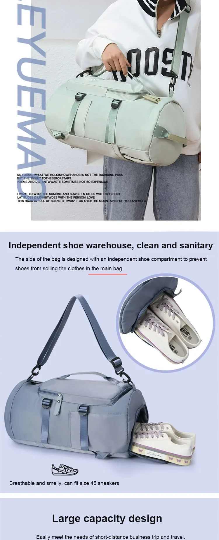 Large Capacity Travel Bag Waterproof Sport Gym Travel Duffel Bag With Shoe Compartment Luggage