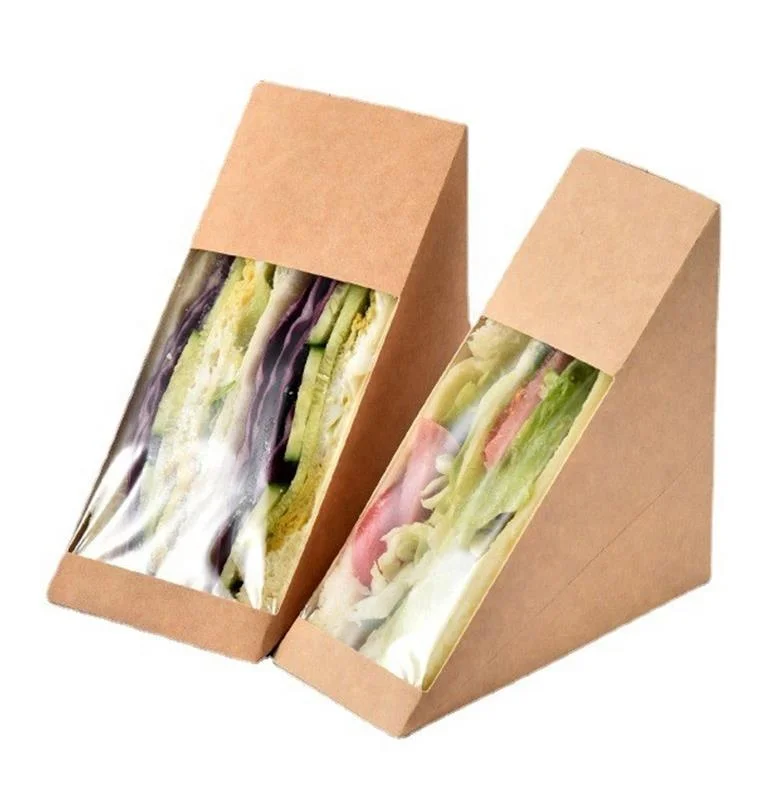 Custom Disposable Compostable Triangle Kraft Sandwich Paper Box Lunch Packaging With Display