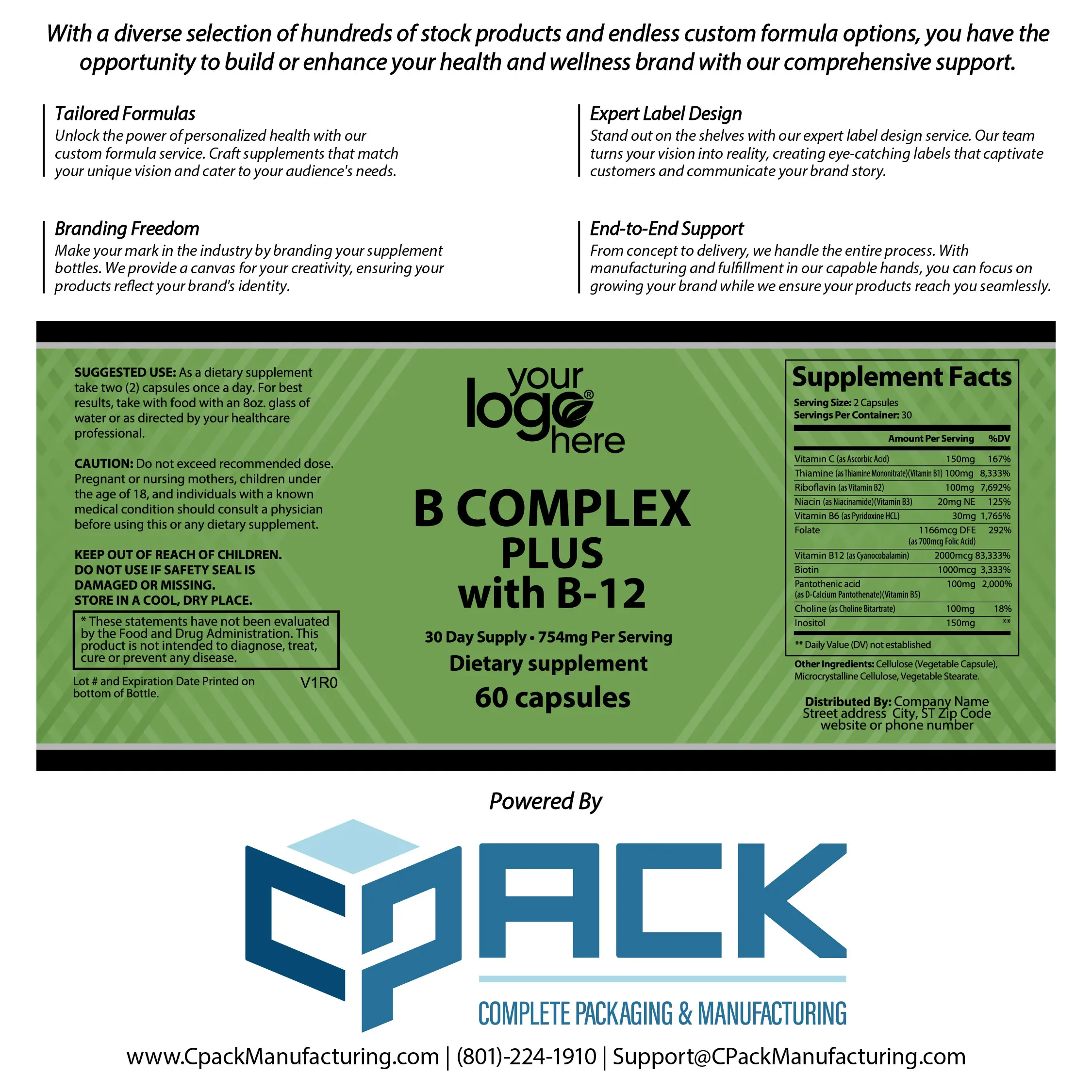 B Complex Plus Capsules with V B-12 OEM/ODM Private Label Vitamin Supplement for Immune Health and Nervous System