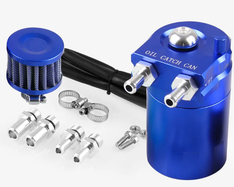 Blue Aluminum Engine Oil Catch Reservoir Breather Tank – 5"x3.25" T-6061, Anodized, 3/8"-9/16" ID Hoses