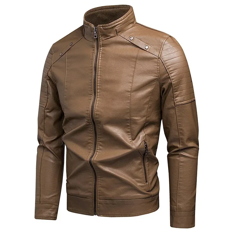 2025 Men's Stand Collar PU Leather Jacket - Winter Thermal