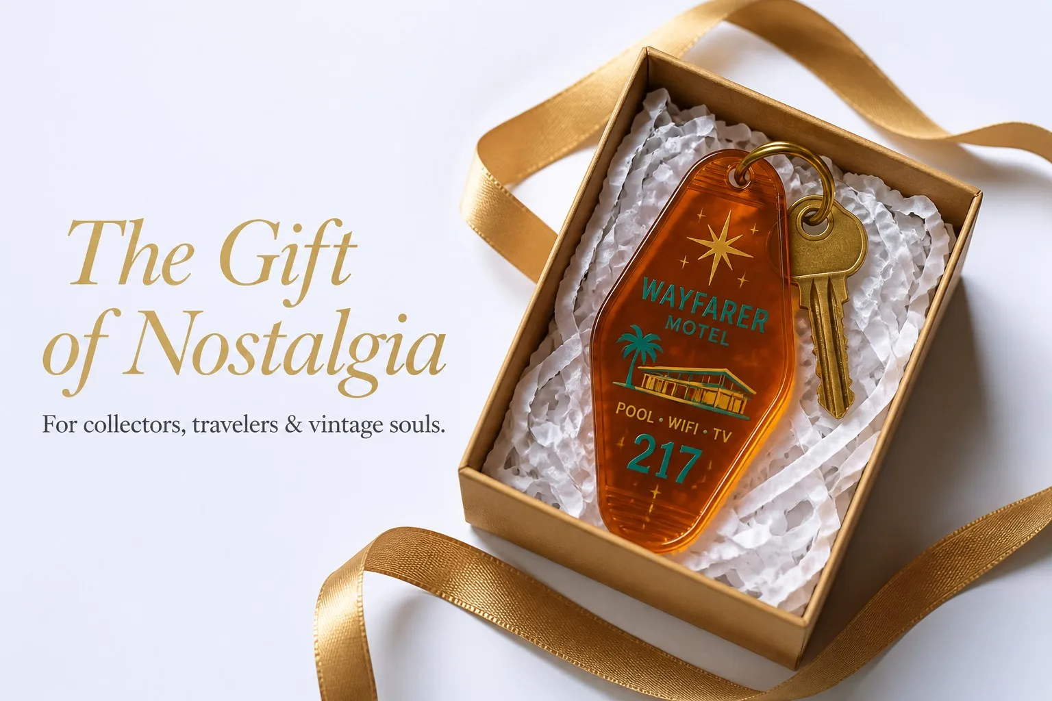 The Gift of Nostalgia — motel key tag in gold gift box