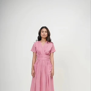 Summer Eco-Friendly Natural Waist Wrap Dress Cotton Pink V-Neck Long Slit Tunic Tie-Up Belt Short Sleeves Deep Neck Midi Knot