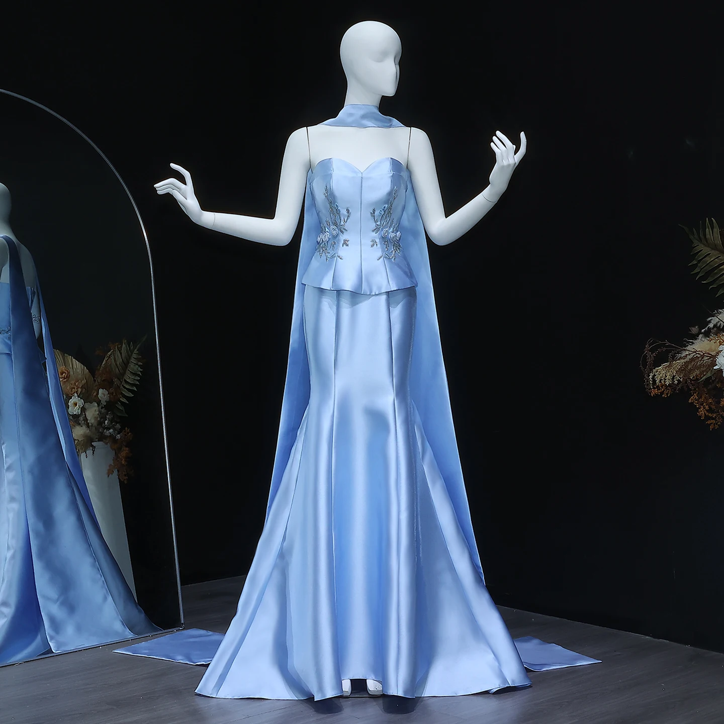 Sharon Said SS245 Elegant Blue Satin Mermaid Evening Dress with Scarf 3D Flowers Arabic Women Wedding Party Gowns Sharon Said SS245 Elegant Blue Satin Mermaid Evening Dress with Scarf 3D Flowers Arabic Women Wedding Party Gowns