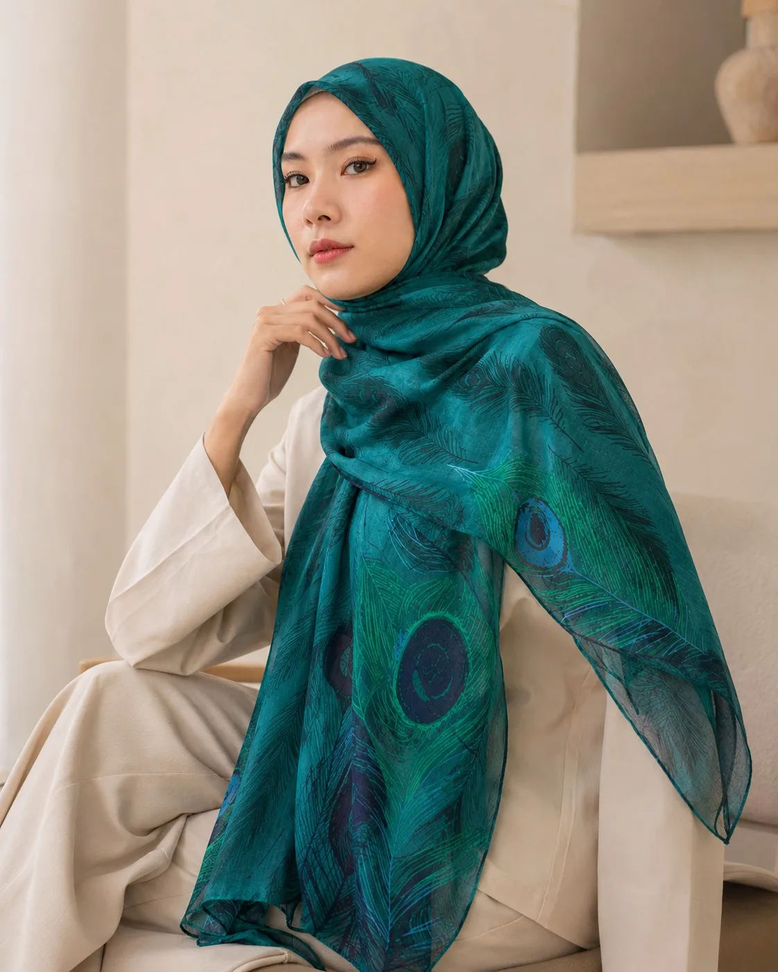 Custom Printed Modal Hijab Peacock Feather view 4