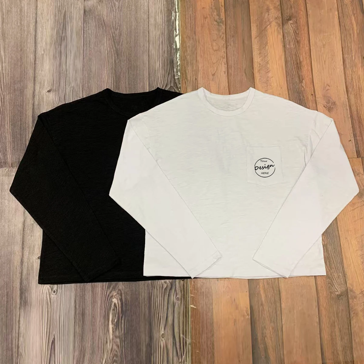 High Quality Mens Long Sleeve Bamboo Cotton T-shirt Casual Solid Color Pocket Tee OEM Printing