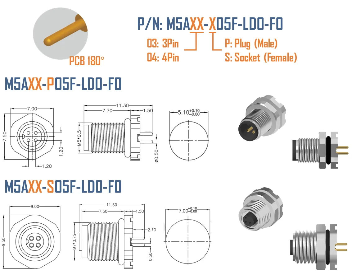 Waterproof Ip67 M5 A Coded Female Male Connector Cable Assembly 3pins