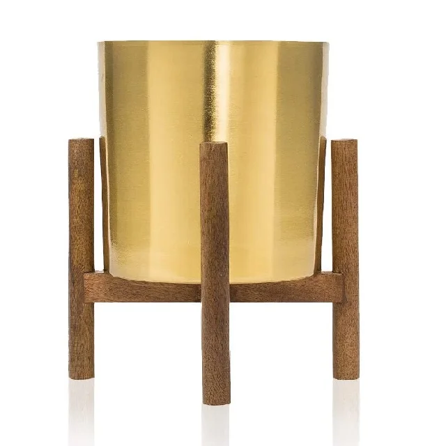 STYLISH ALUMINIUM GOLD PLANTER LARGE METAL POT WITH MANGO WOOD STAND MODERN FLOWER DECOR for LIVING