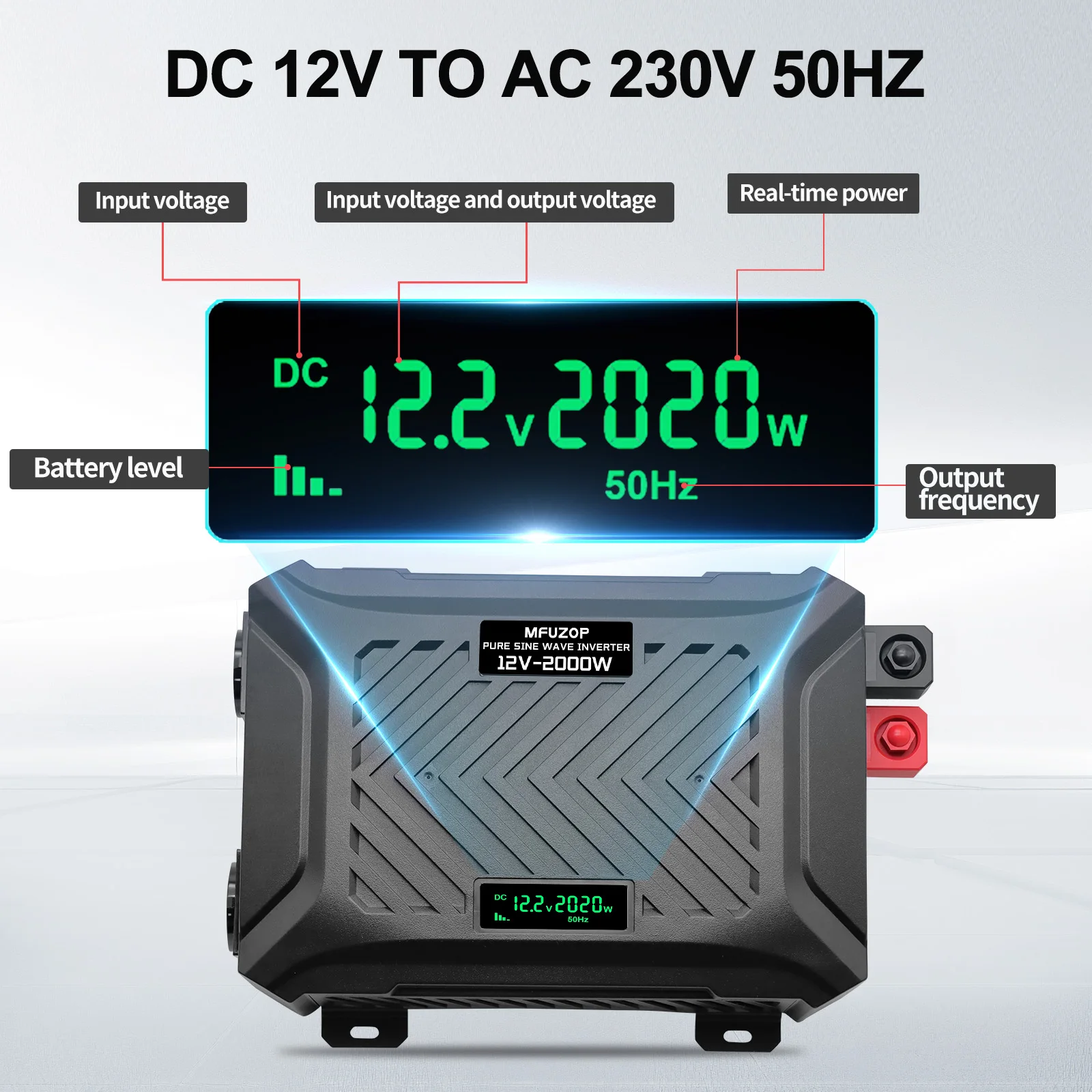 Inversor de tensão com visor lcd e tomada dupla para solar_voghion.com
