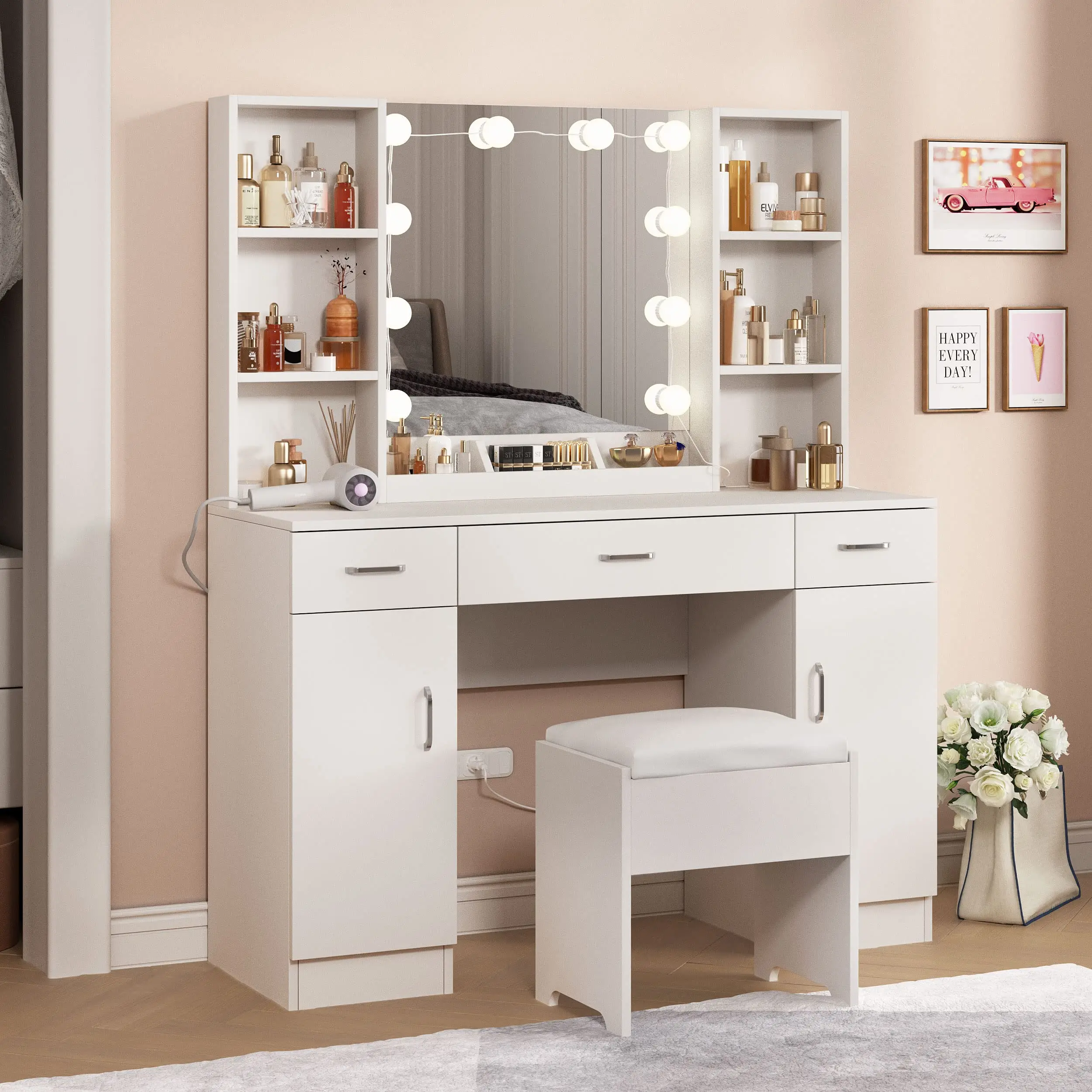 Makeup Vanity Desk With Lights Wood Dresser Desk Side Table Storage ...