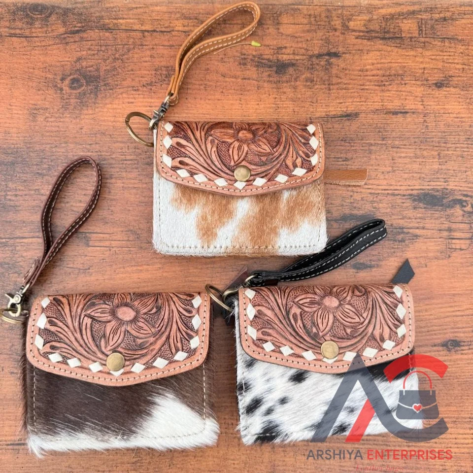 Premium Quality Hand Tooled Leather Small Wristlet Coin Purse Western Hair on Cowhide Leather Multi Uses Mini Wallet for Women's