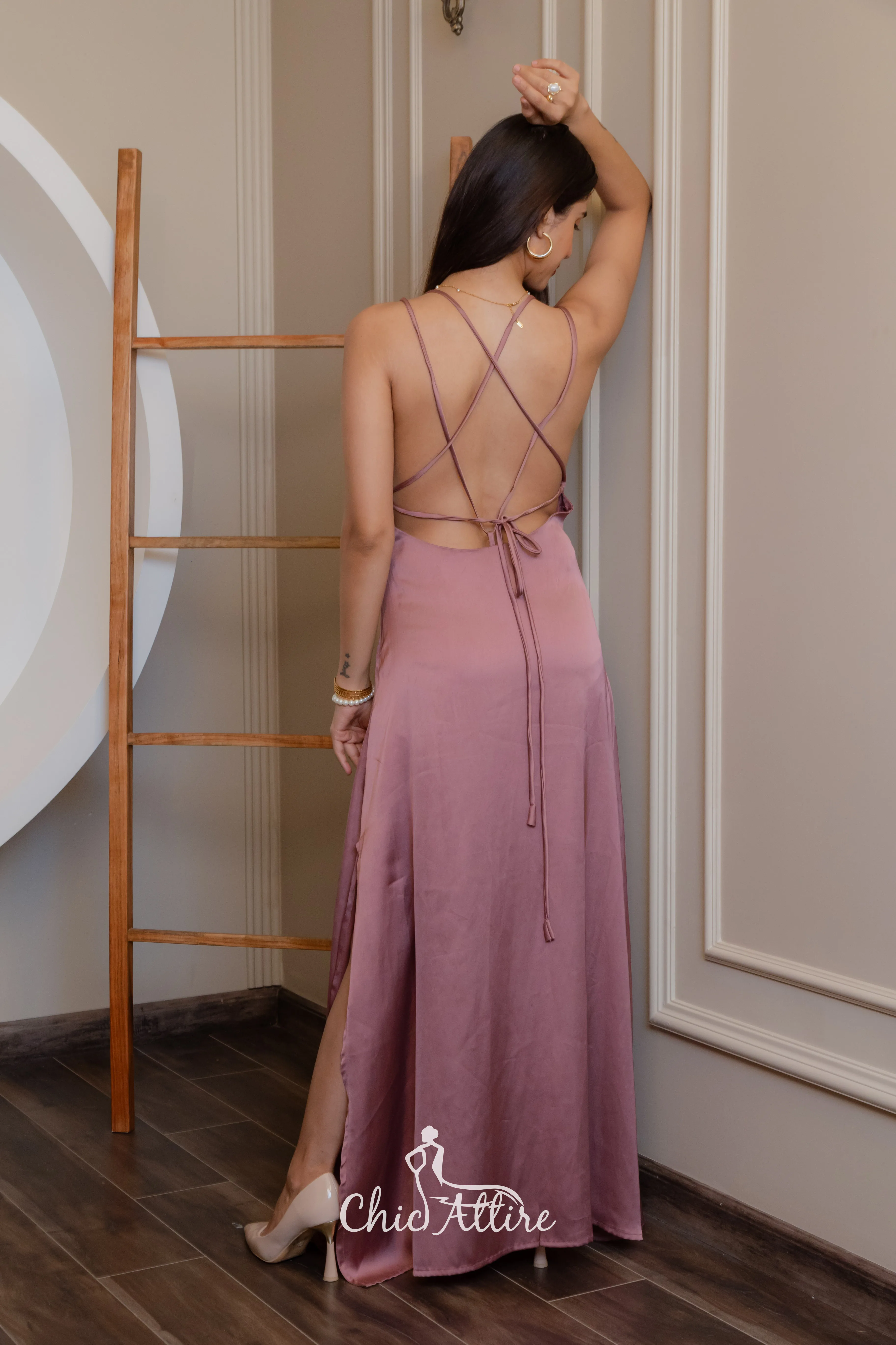 Mauve Satin Evening Gown with Spaghetti Straps - Chic Attire